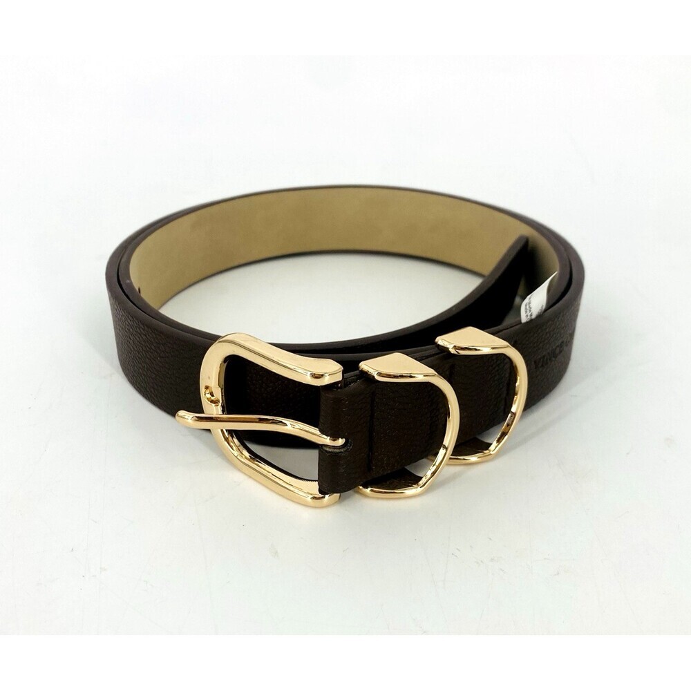 Vince Camuto Brown Vegan Leather Belt Large Gold Buckle Faux Leather Modern